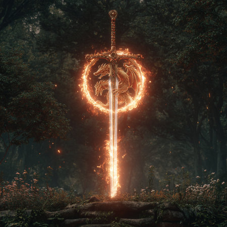 Flaming sword in the forest, 3d render illustration.の素材