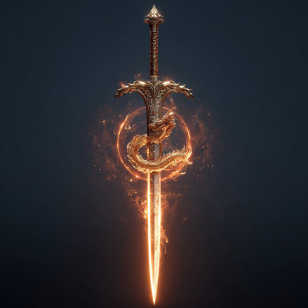 Digital illustration of a sword in fire with flames on a dark backgroundの素材