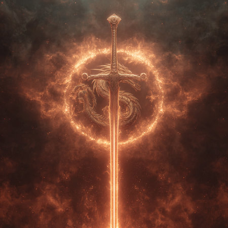Fantasy illustration of a sword in the fire. 3D renderingの素材