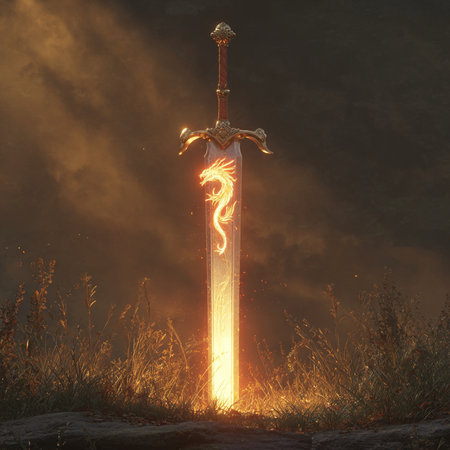 Fantasy illustration of a sword with flames coming out of it.の素材