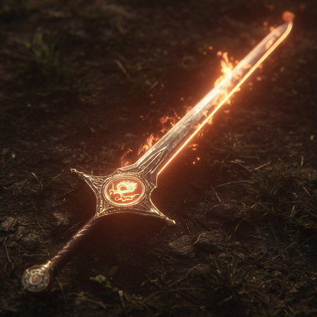 Medieval sword in the field. Medieval weapons. Selective focus.の素材