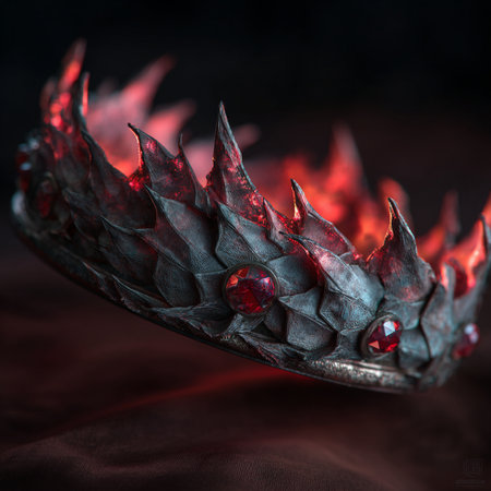 Close-up of a silver crown with red gems on a dark backgroundの素材