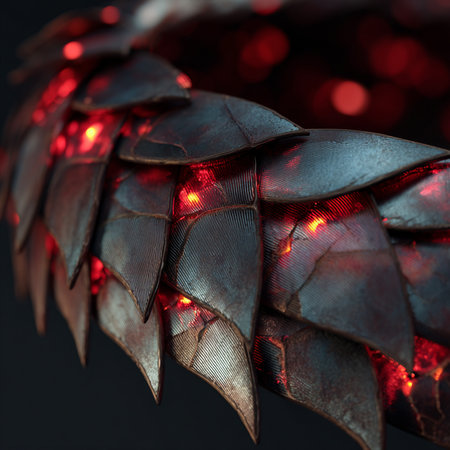 Close up view of the head of a fairy tale creature with red lights.の素材
