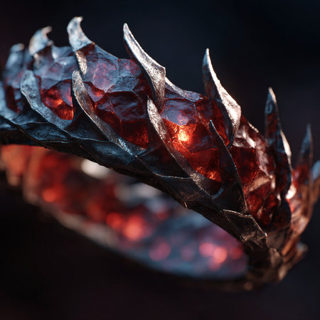 Macro shot of a dragon head made of red crystals in a dark backgroundの素材