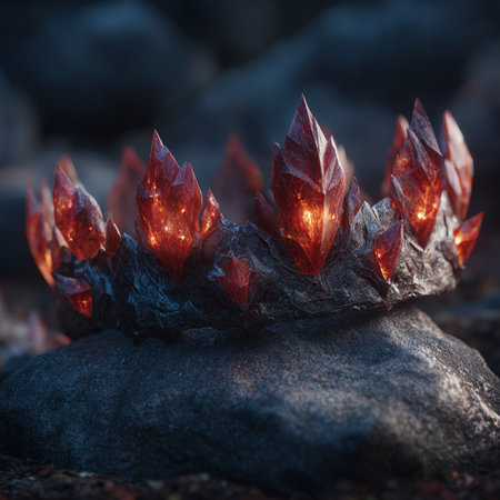 Red crystals on the black stones. Close-up. Selective focus.の素材