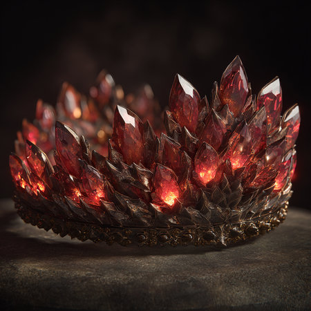 jewelry crown with red crystals on dark background, closeupの素材