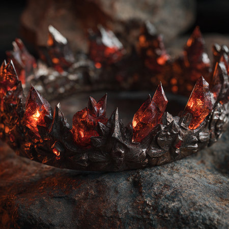 Close up of crystal crown made of red crystals on dark background.の素材