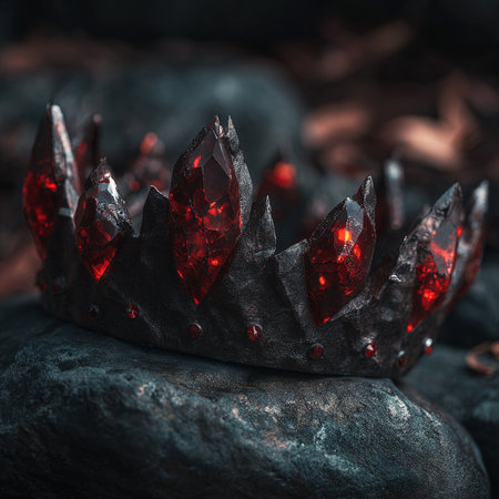 Crown made of red crystals on dark background. Jewelry concept.の素材