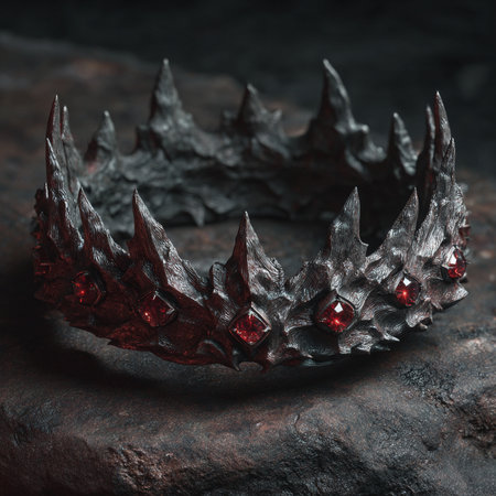 Black metal crown with red gems on a dark background. Close up.の素材