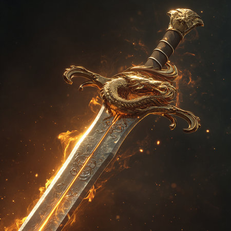 Sword with fire and smoke on a black background. 3d illustrationの素材