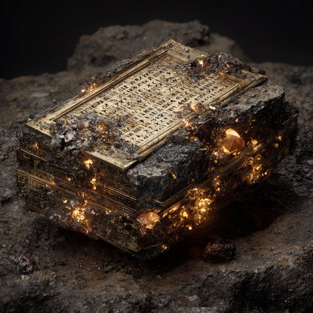 Ancient book on the rock in the dark. 3d illustration.の素材