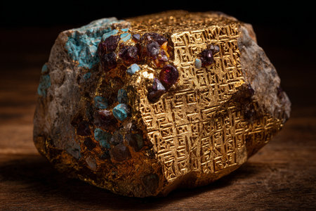 Close up of a gold nugget on a wooden table.の素材