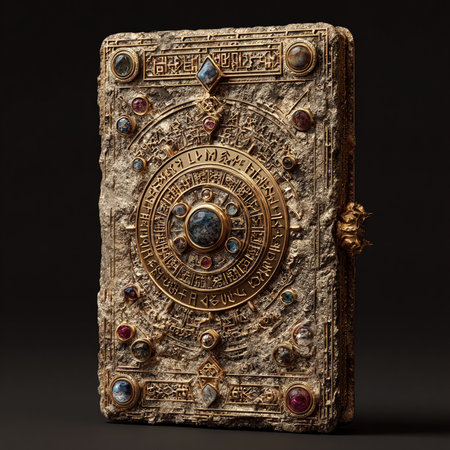 Ancient book with precious stones on a dark background. 3d renderingの素材