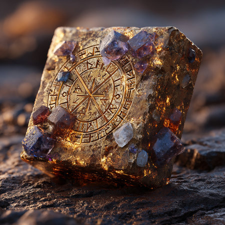 Close up view of a natural gemstone with a compass on it.の素材