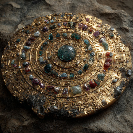 Ancient metal plate with precious stones on stone background. Close up.の素材