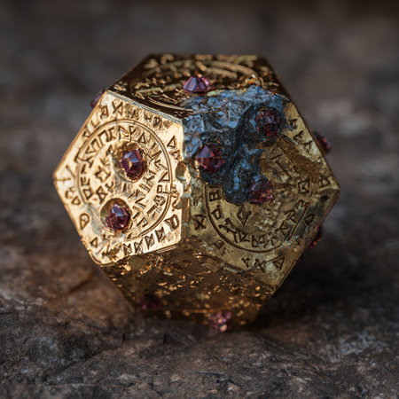 Golden dice with precious stones on a stone background. Jewelry concept.の素材