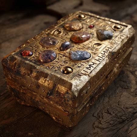 Ancient treasure chest with precious stones on wooden background. Vintage styles.の素材