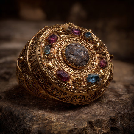 Ancient gold jewelry on a dark background. Selective focus. Toned.の素材