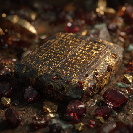 Ancient egyptian hieroglyphs on a stone with precious stonesの素材