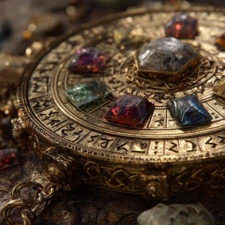 Set of different colored gemstones on the background of the old clockの素材