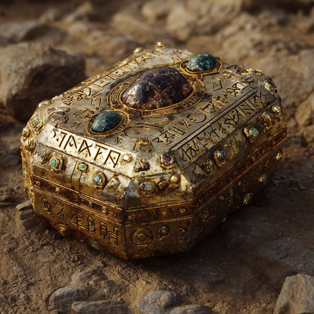 Ancient gold treasure chest on a stone background. 3d illustration.の素材