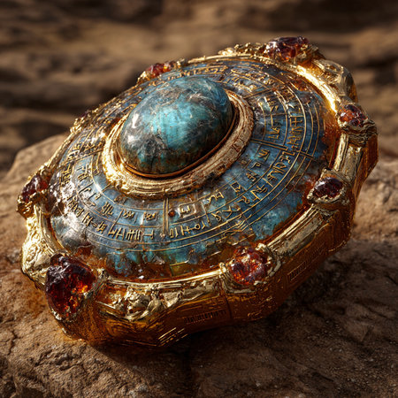 Ancient stone globe on a stone background. 3D illustrations. Vintage styles.の素材