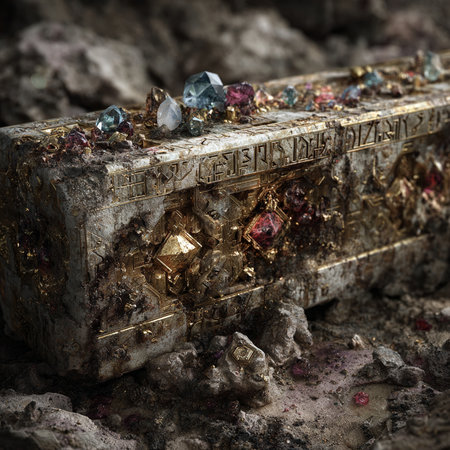 Closeup of precious stones in a treasure chest on the ground.の素材