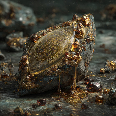 Piece of gold on a stone with a precious stone in the backgroundの素材