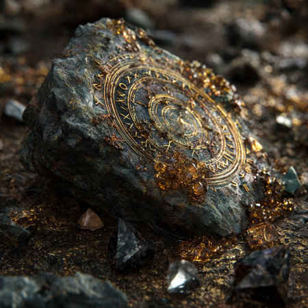 Close-up of a gold nugget on a stone.の素材