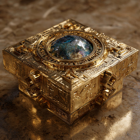 3d rendering of a golden jewelry box with the planet earth insideの素材