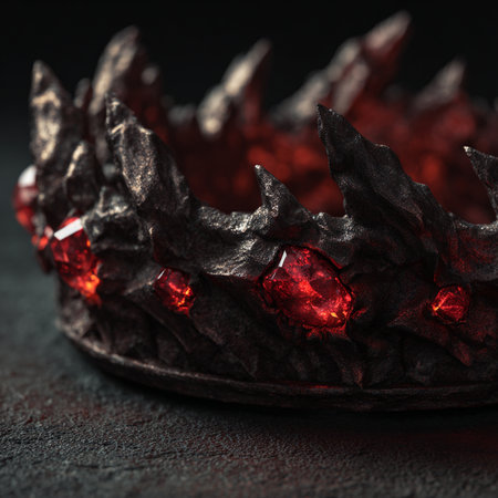 Crown with red gems on a dark background. Selective focus.の素材