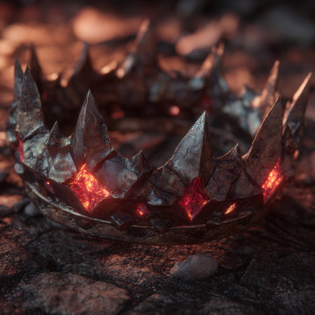 Crown made of metal with red light. Medieval period concept.の素材