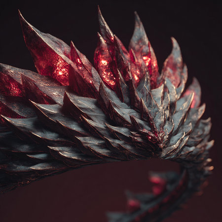 Close-up of a metallic rose with red lights on a dark backgroundの素材