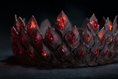 Christmas decoration with red pine cone on black background. Close-up.の素材