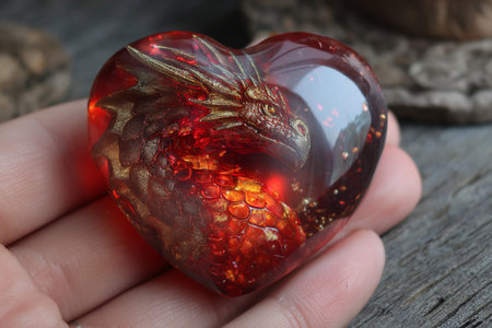 Hand holding a red heart with a golden pattern on a wooden backgroundの素材