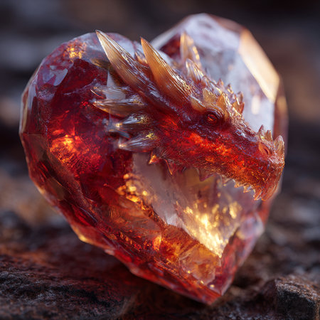 Macro shot of a dragon in a heart-shaped gemstoneの素材