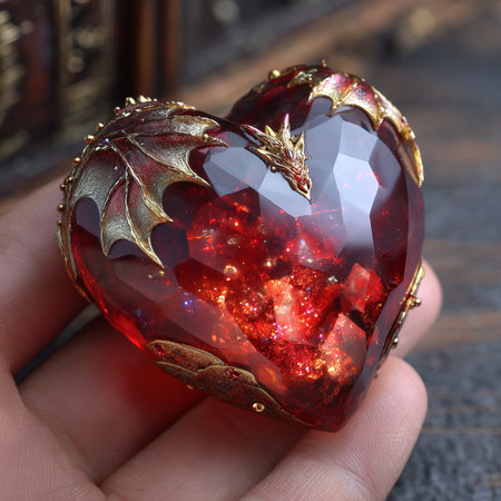 Hand holding a ruby heart with a golden crown on a wooden backgroundの素材