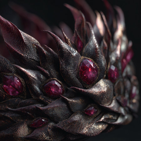 Pineapple with ruby gemstone on black background, close upの素材