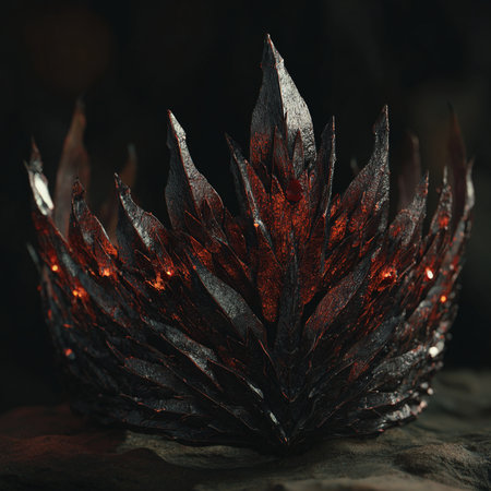 Close-up of a glowing black crystal in the shape of a flowerの素材