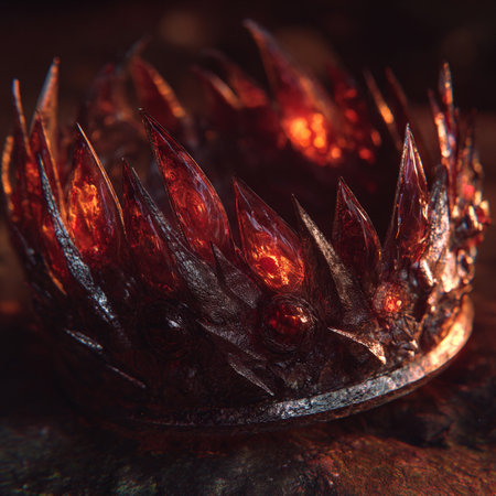 3d rendering of a crown made of glass with red gemstonesの素材