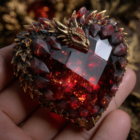 Hand holding a red ruby in the shape of a heart on a dark backgroundの素材