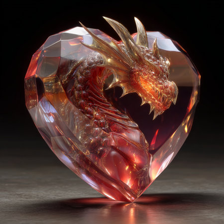 3D illustration of a red dragon in a heart shaped pendantの素材