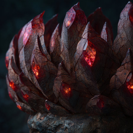 Close-up of a pine cone with red lights in the darkの素材