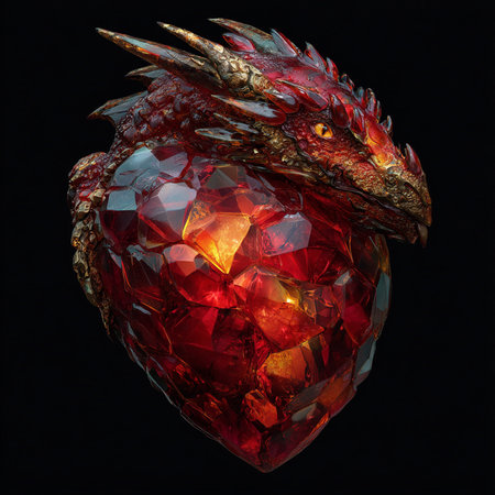 Red heart made of precious stones on black background. 3d illustrationの素材