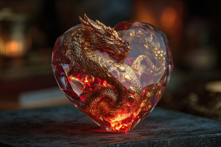 Glass heart with a golden dragon on a dark background. Valentine's Day.の素材
