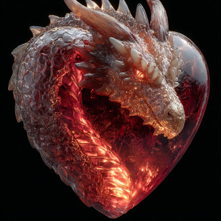 Red heart with a dragon on a black background. 3d renderingの素材