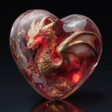Heart with a dragon on a black background. 3D illustrations.の素材
