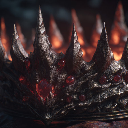 Bronze crown with red gemstones on a dark background close upの素材