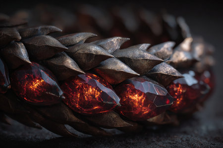 Pine cone with red crystals on dark background, close-upの素材