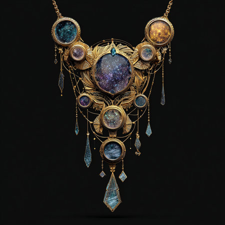 Illustration of a necklace made of precious stones on a black backgroundの素材